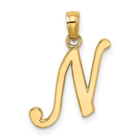 14K Yellow Gold Script Letter N Initial Pendant